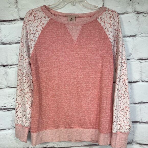 Philosophy Island Pink Coral Heather Sweater with Lace Overlay Sleeves SZ M - Picture 1 of 9